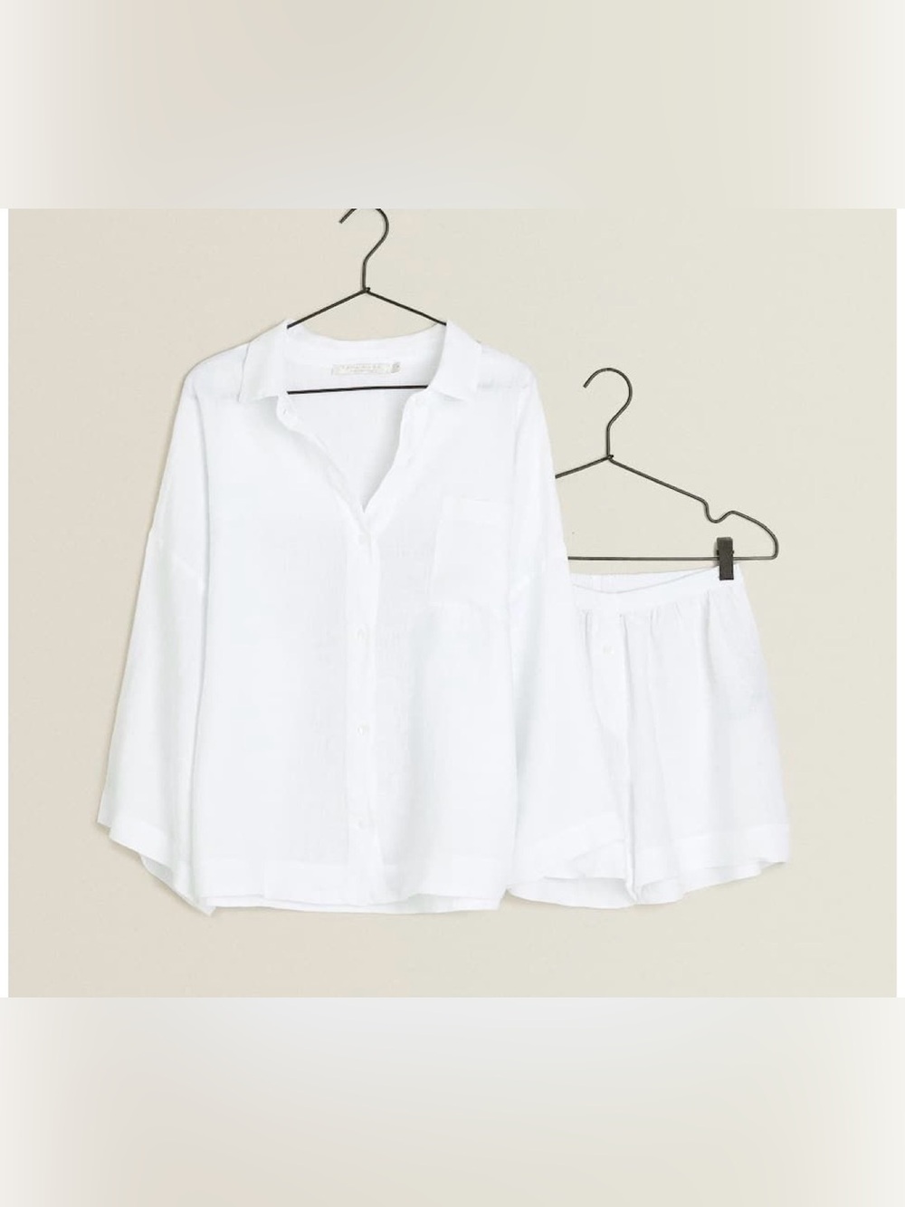 Zara Home White Linen PJ Button-Down Shirt and Shorts Set